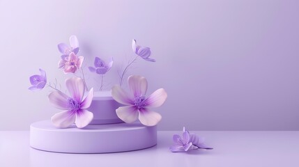 3D rendering flower background purple, Violet color on geometric shape podium minimal concept, pastel floral elements  ,Generative ai, 
