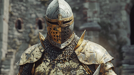 Hyper Realistic Medieval Fantasy: Paladin Knight in Gold Tabard, Chain Helmet, Distressed, Castle Background