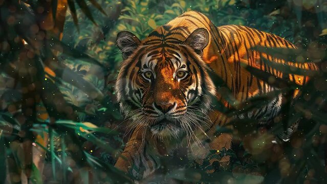 portrait or a regal bengal tiger prowling through the jungle. seamless looping overlay 4k virtual video animation background