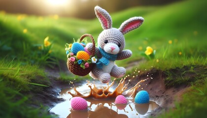 ai generated Happy Easter 3d realistic bunny doll Crochet figure jumping over a muddy puddle carrying a basket filled with colorful Easter eggs against a beautiful meadow flowers background	

