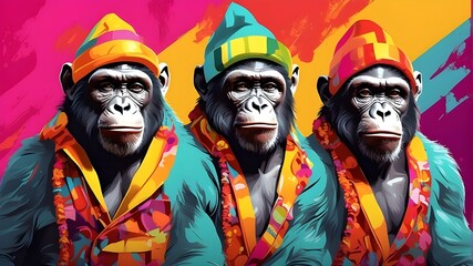 "An artistic rendition of a group of apes donning vibrant, bright fashionable outfits, isolated against a solid background in an eye-catching advertisement. Each ape flaunts its unique sense of style,