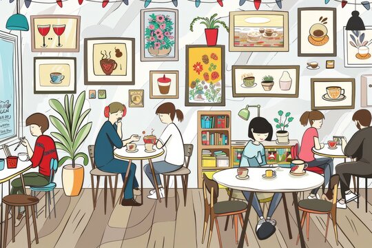 Cartoon cute doodles of a gallery cafe with cozy seating, aromatic coffee, and little patrons enjoying a relaxing break surrounded by beautiful art, Generative AI