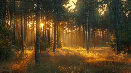 Golden Hour in Pine Forest: Sunlight Peeking Through Trees