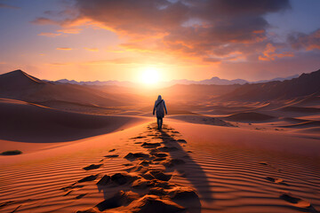silhouette of a lonely man walking along the sands of the desert dunes towards the sun. human life path concept - obrazy, fototapety, plakaty