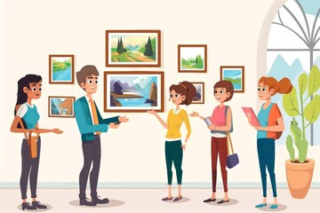 Obraz premium Cartoon cute doodles of a gallery curator giving a guided tour to a group of eager visitors, explaining the history and significance of the artworks, Generative AI