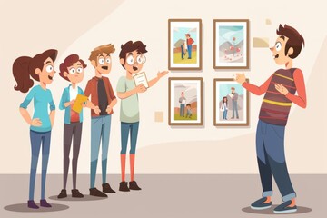 Fototapeta premium Cartoon cute doodles of a gallery curator giving a guided tour to a group of eager visitors, explaining the history and significance of the artworks, Generative AI