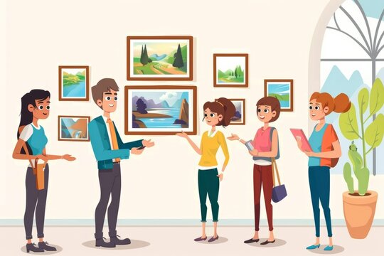 Cartoon cute doodles of a gallery curator giving a guided tour to a group of eager visitors, explaining the history and significance of the artworks, Generative AI