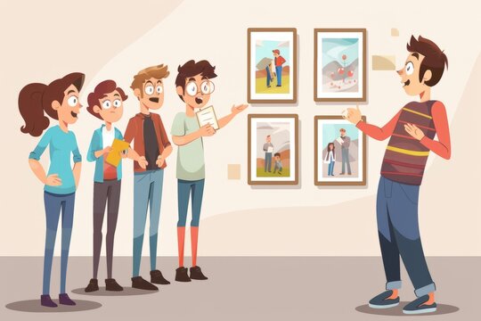 Cartoon cute doodles of a gallery curator giving a guided tour to a group of eager visitors, explaining the history and significance of the artworks, Generative AI