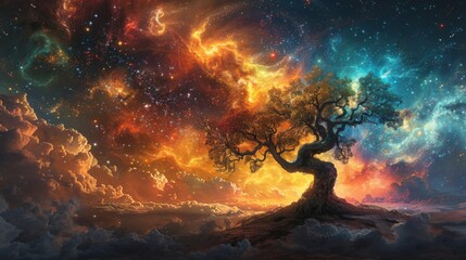 A massive tree made of vividly colored galaxies each branch representing a different dimension or reality stretching endlessly into space.