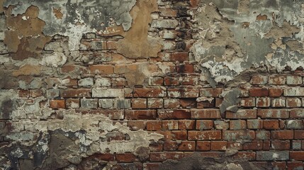 Old brick wall with traces of old plaster, ruined surface