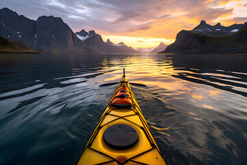 Fototapeta premium yellow kayak boat floats down the river in the fjords of Norway towards the sunset. view from myself