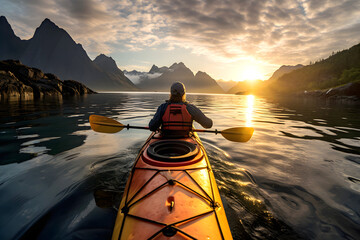 tourist floats on a yellow kayak along a river in the fjords of Norway. water sports and boat travel - obrazy, fototapety, plakaty