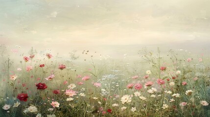 Image of a serene field brimming with wildflowers under a soft, overcast sky. In the foreground, various shades of pink and red flowers are in bloom