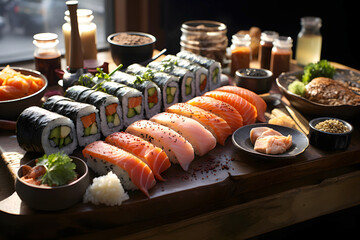 Sushi set with salmon, shrimp, cheese, cucumber, wasabi and ginger on a black background. Sushi menu. Japanese food