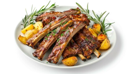 Pork ribs with roasted potatoes in plate cutout on white background