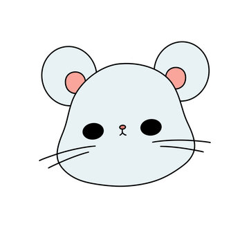 A cute cartoon drawing of a white mouse with black eyes and pink ears. The mouse has a big smile and is looking up at the camera