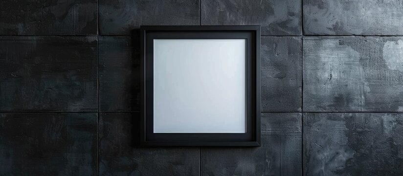 A black picture frame is mounted on a dark concrete wall, displaying a blank mockup template.