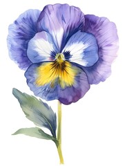Vibrant Watercolor Pansy Blossom in Shades of Purple,Yellow,and White