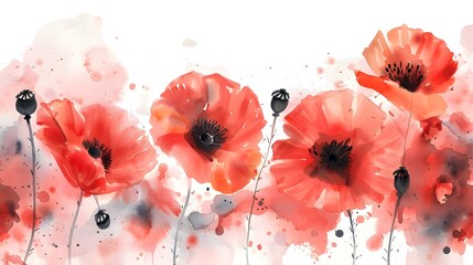 Vibrant Watercolor Poppy Flowers in Bloom on Background