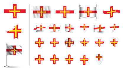 set of Guernsey flag, flat Icon set vector illustration. collection of national symbols on various objects and state signs. flag button, waving, 3d rendering symbols, and flag on map symbols