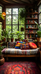 Vibrant Bohemian Interior Bursting with Color and Cultural Treasures