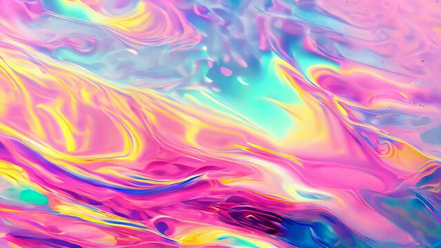 Iridescent rainbow hues reflected on the water surface create flowing patterns. Vivid shades of pink, blue, yellow and more swirl in mesmerizing beauty. 