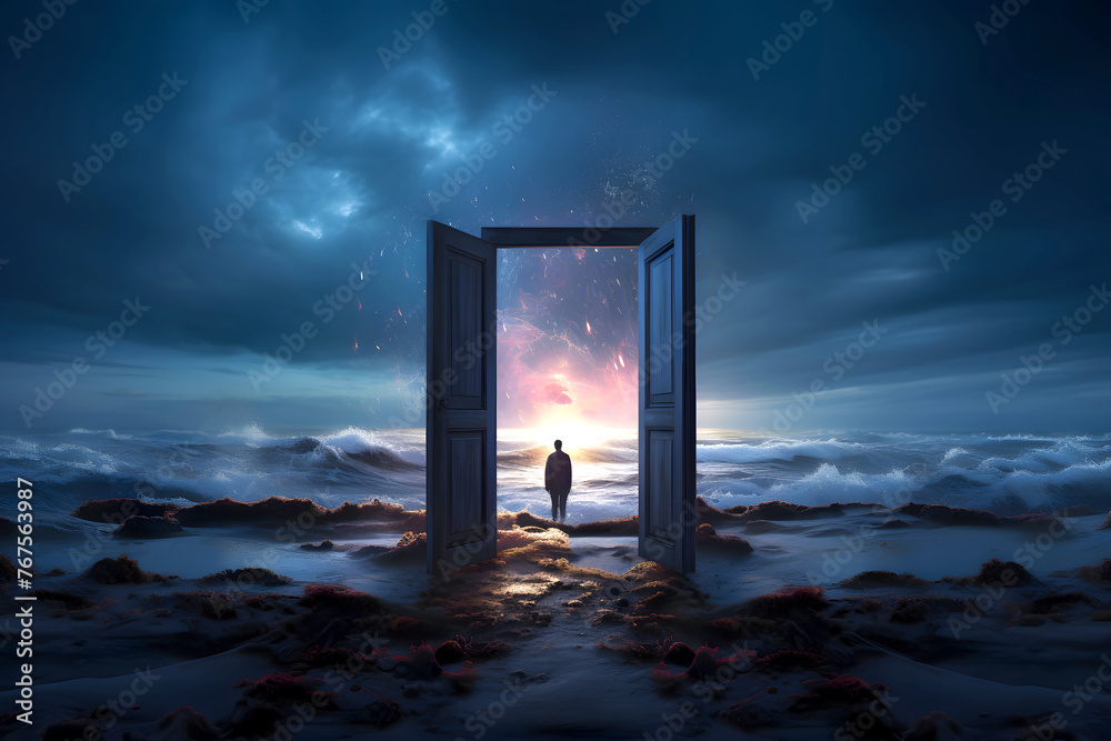 Wall mural silhouette of a man in a doorway in nature. the concept of going through a portal to another world. fantasy of transformation of another dimension of the universe