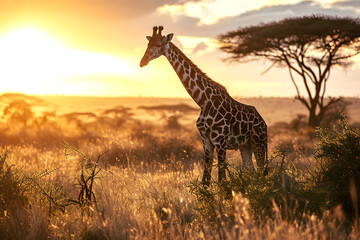 giraffe in the African savanna in the sunlight. mammals and wildlife