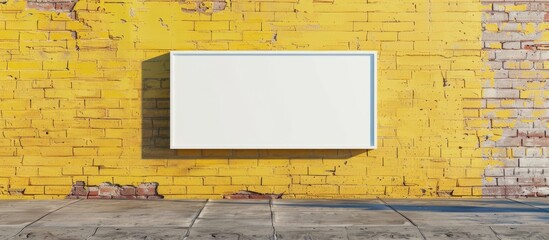 Mockup of a street store vintage signboard on a white blank surface against an aged yellow brick wall.