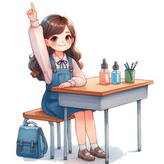 Watercolor clip art young school girl cartoon sitting on a chair with a table and raising her hands up with school concept on white background