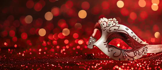 Poster Luxury red venetian mask on red glittering bokeh background, new year eve and Christmas celebration, event of carneval masquerade costume © Gethuk_Studio