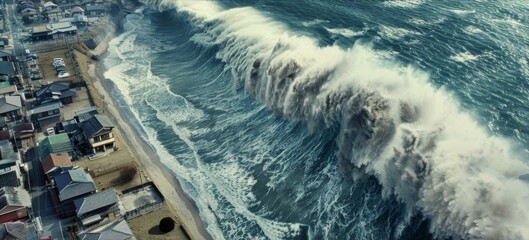 An aerial view of a powerful tsunami with its immense force visible as it barrels towards the shore. - Powered by Adobe