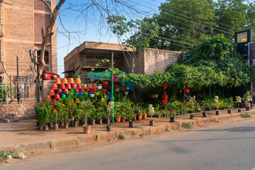 Jodhpur, Rajasthan, India - 15.10.2019 : Plants and flowers are being displayed beside road for sale.