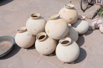 Handmade earthenware, clay potteries at Jodhpur city, Rajasthan, India.