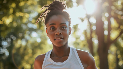 Active African American young woman jogging outdoors in summer park - obrazy, fototapety, plakaty