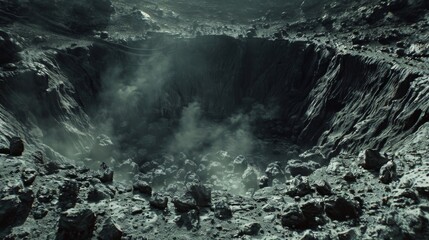 An underground view of a deep crater revealing layers of rock and dust that have been disp and cracked by immense pressure and force. This serves as a tangible reminder of