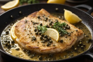 Sole Meunière classic french dish served in frying pan with butter, capers and lemon