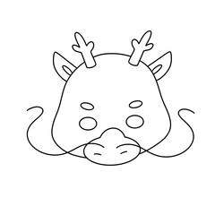 A white drawing of a dragon with horns and a long neck. The dragon has a mustache and is wearing a mask