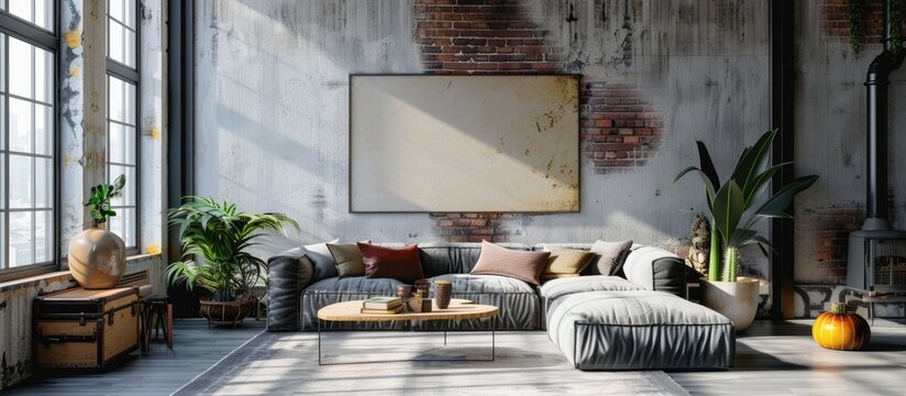 photograph of a poster or canvas in a real loft interior setup