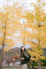 Asian woman in casual dress smiles amid colorful ginkgo leaves, embracing the beauty of the season. A joyful and relaxed portrait.