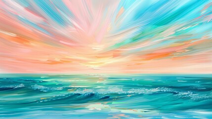 vibrant seascape captured at the moment of sunset, with the sky alight in hues of pink, orange, and blue - obrazy, fototapety, plakaty