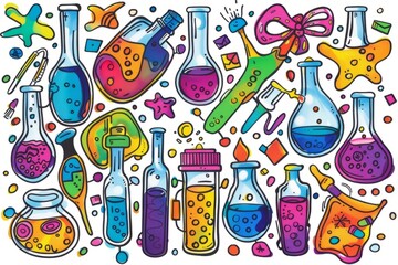 Cartoon cute doodles of chemistry sets with colorful liquids and bubbling concoctions, inspiring young minds to explore the wonders of chemistry, Generative AI