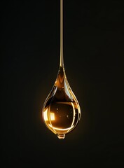 A golden droplet of oil hangs from a light fixture