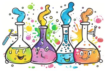 Cartoon cute doodles of colorful chemical reactions bubbling in beakers, sparking curiosity and excitement for science, Generative AI
