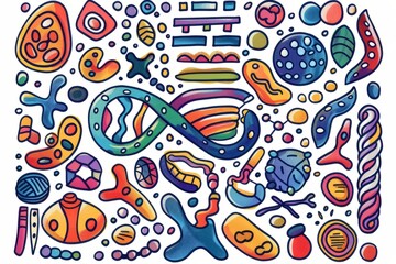 Cartoon cute doodles of DNA strands and molecular structures, illustrating the building blocks of life in a playful manner, Generative AI