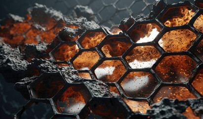 Abstract metallic corrosion texture hexagon pattern with glowing orange red flame on black grey background technology style. Modern futuristic honeycomb concept.	
 - obrazy, fototapety, plakaty