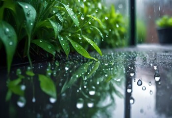 Plants and raindrops in rainy days in springtime