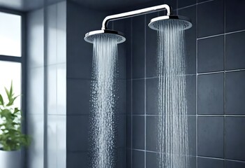 Rain shower. Water supply concept. Water pours from a shower head.