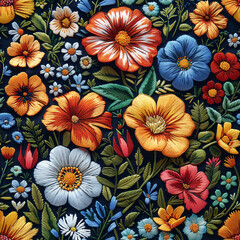 Fototapeta na wymiar Colorful floral seamless pattern with vibrant colors flowers, ideal for fabric design or wallpaper.