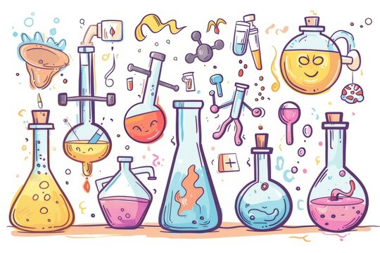 Cartoon cute doodles of lab equipment maintenance and cleaning, teaching kids the importance of keeping their scientific tools in good condition, Generative AI